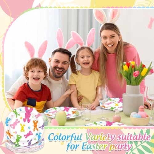 Whaline 40 Pcs Easter Bunny Paper Plates Disposable Plates 9 Inch Sparkly Colorful Rabbit Dessert Plates Flower Party Tableware for Spring Birthday Baby Shower Table Supplies