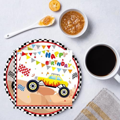 50Pcs Monster Truck Plates and Napkins Party Supplies, Disposable Racing Car Theme Birthday Paper Plates Napkins Tableware Set for Monster Truck Birthday Party Decorations (Truck)