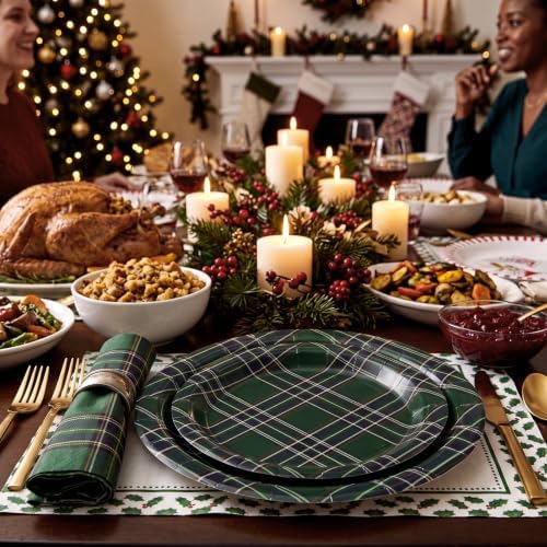 Yungyan 150 Pcs Dark Green Tartan Plates Napkins Dark Green Serves 50