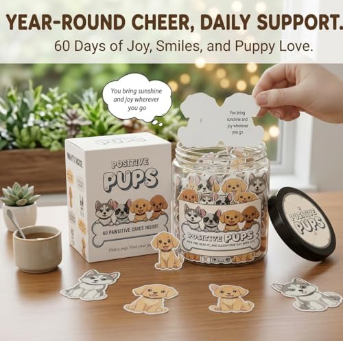 DEARMINE Positive Pups Jar, 60 Affirmation Cards, Dog Mom Gifts for Women, Teacher Appreciation Gift, Inspirational Gifts for Women, Cute Desk Decor for Dog Lovers and Coworkers