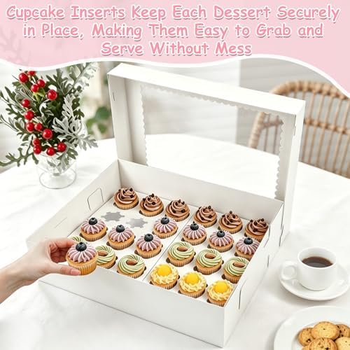 2 Pack White Cupcake Boxes with Cake Boards for 24 MINI Cupcakes, Food Grade Dessert Muffins Box Cupcake Carrier Containers with Window and Inserts for Birthday Holiday Party Bakery Supplies