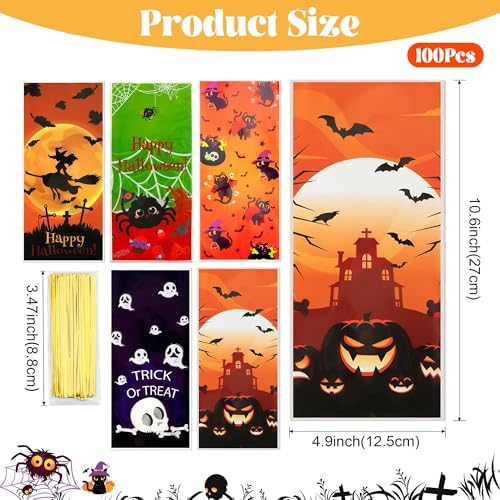 Halloween Treat Bags,Halloween Goodie Bags,100 Pcs Candy Bag Trick or Treat Gift Bag with Ties for Kids Clear Cellophane Goody Favor Gifts for Snacks Cookies Packing Party Favors Decorations Supplies