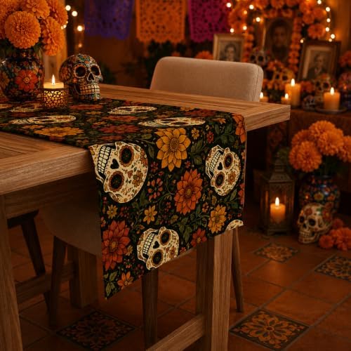 Dia De Los Muertos Decorations - Sugar Skull Marigold Table Runner