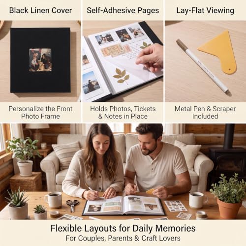 Self Adhesive Scrapbook Album, 11 × 10.6 Inch, Black Linen Cover