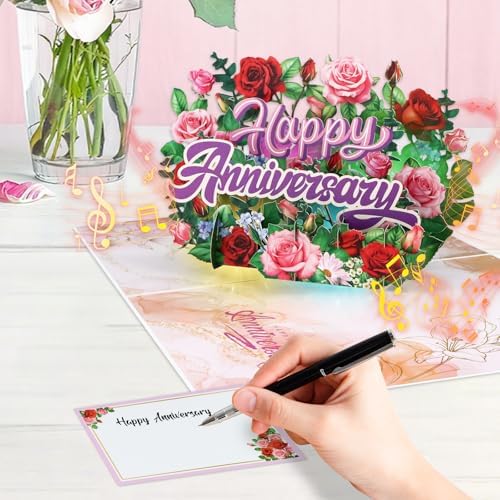 FaCraft Anniversary Card for Couple - 3D Pop Up Music & Light Valentines Wedding Anniversary Card Gifts with Envelope, Blank Insert and Seal, for Spouse Husband Wife Him Her (Flowers)