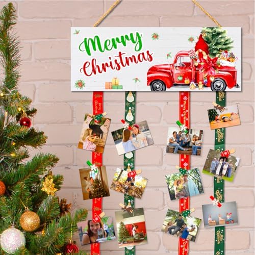 Christmas Card Holder,Christmas Hanging Sign Display,Tree Gift Card Holder,Merry Christmas Wooden Sign Picture Holder with 30 Clips for Xmas Home Party Holiday Wall Decor