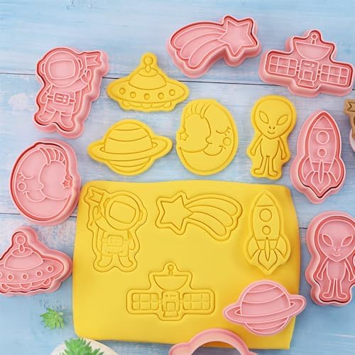 Outer-Space Cookie Cutters Set, 8-PCS 3D Astronaut, Alien, UFO, Satellite, Rocket, Moon, Meteor, Planet Cookie Cutters for Party Baking