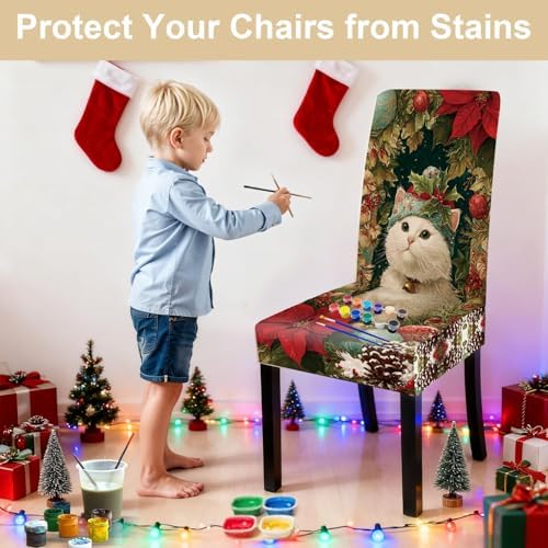 Christmas Chair Covers Set of 4, Cute Cat Dining Chair Slipcovers with Poinsettia, Pinecones, and Ornaments, Stretchable Holiday Chair Protectors