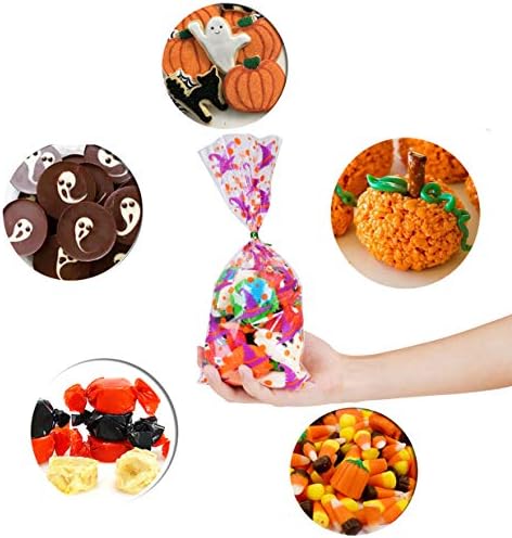 DIYASY 150 Pcs Halloween Cellophane Treat Bags, Clear Candy Bags Plastic Bats Pumpkin Bag Witch Goody Bag with 300 Twist Ties for Kids Party Favor
