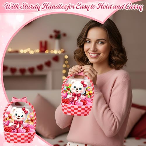 Fuutreo 50 Pcs Valentine Goodie Bags Valentine Bear Treat Bags with Handles Resealable Plastic Red Love Gift Pouches for Holiday Candy Wrapping, Party Goodie Supplies Romantic Gift Decor (Bear)