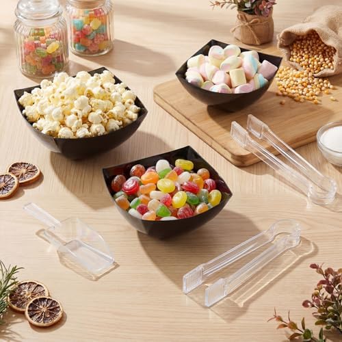 FoldTier 16oz 6 Black Plastic Candy Bowls, 4 Scoops and 4 Tongs Set Square Disposable Plastic Buffet Containers for Chip, Snacks Popcorn Candy Buffet Bar Birthday Party Supplies