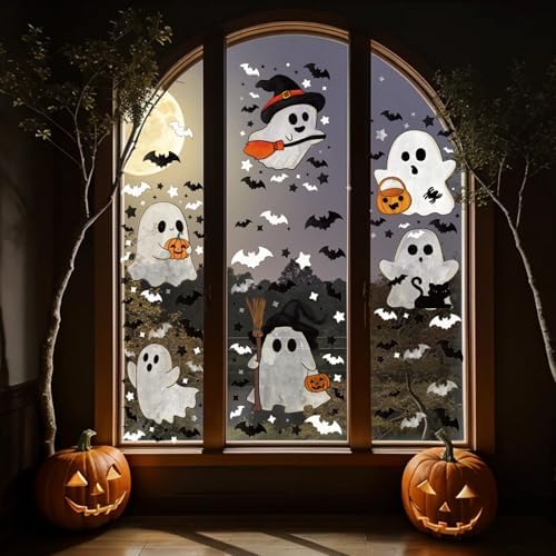 XZENTIRA 161 PCS Halloween Window Clings Double Sided Ghost Window Stickers Reusable Seasonal Window Decorations Ghost Decor Decals for Glass Windows Home Office Party 6 Sheets
