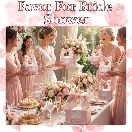 ForraFun 50 Sets Floral Wedding Favor Boxes with Pearl Pendant Bow, Pink