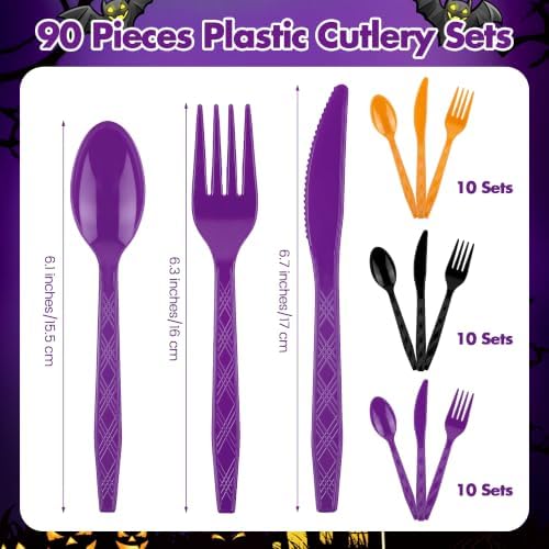Kochorie 90 Pieces Halloween Plastic Cutlery Set, Black Orange Purple