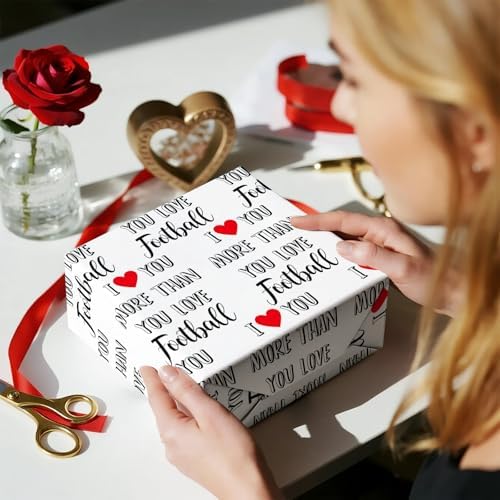 WRAPAHOLIC Funny Valentines Day Wrapping Paper Roll - Mini Roll - 17 Inch x 16.5 Feet - I Love You More Than Football Wrapping Paper for Valentine's Day, Anniversary, Sports Lover, Boyfriend