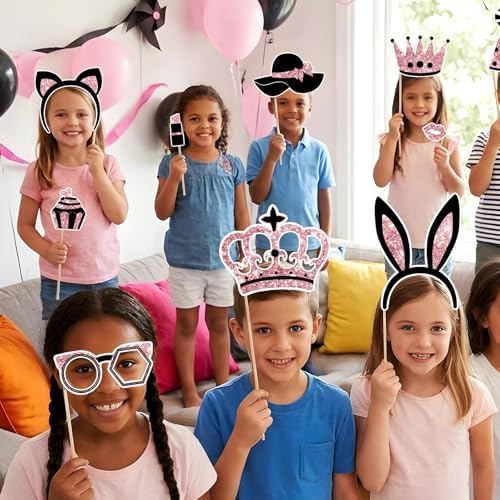 28 Pcs Photo Booth Props for Birthday, Weddings,Mardi Gras,Family Reunion,New Year,Valentines Day,Easter Decor Funny Selfie Props Masquerade Party Decorations (Rose Gold and Black)
