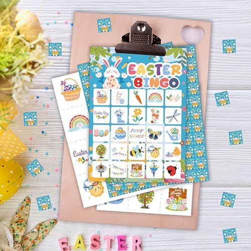 24 Pack Easter Bingo Game Cards - Spring Egg Hunt Party Activities for Adults & Family, 5x7 Inch Premium Cardstock, Bunny & Easter Egg Themed Party Supplies - Includes Caller & Player Chips