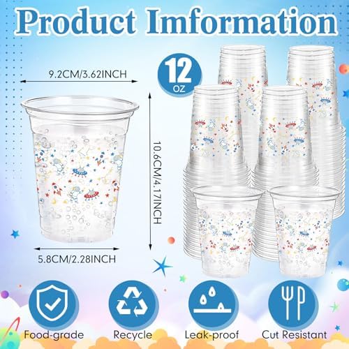 Funnymoom 60 Pack Space Plastic Cups 12 oz Outer Space Galaxy Planet Disposable Clear Plastic Drinking Cups for Planet Solar System Birthday Baby Shower Party Decoration Supplies