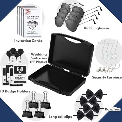 Mepase 28 Pcs Ring Wedding Bearer Security Set Include Ring Bearer Box ID Badge Holder Sunglass Acoustic Earpiece Tube Mission Card with Binder Clip Bow for Kids (4 Pp Suitcase)