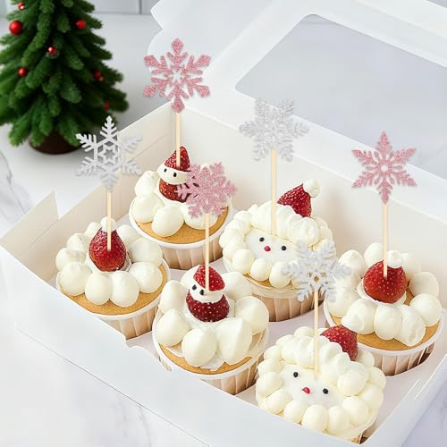 Snowflake Cupcake Toppers, 24PCS Glitter Winter Frozen Cupcake Picks Cake Decorations, Pink and Silver Snowflake Food Picks Topper for Christmas Winter Wonderland Baby Shower Party Decoration Supplies