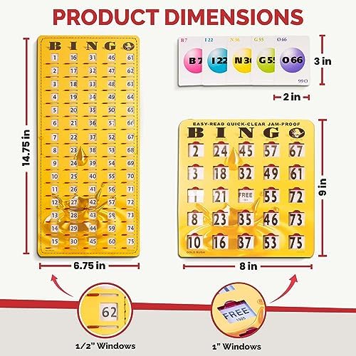 MR CHIPS Jam-Proof Bingo Cards with Sliding Windows, 25 Reusable Shutter Cards, 75 Calling Cards 1 Master Board in Gold Rush Style