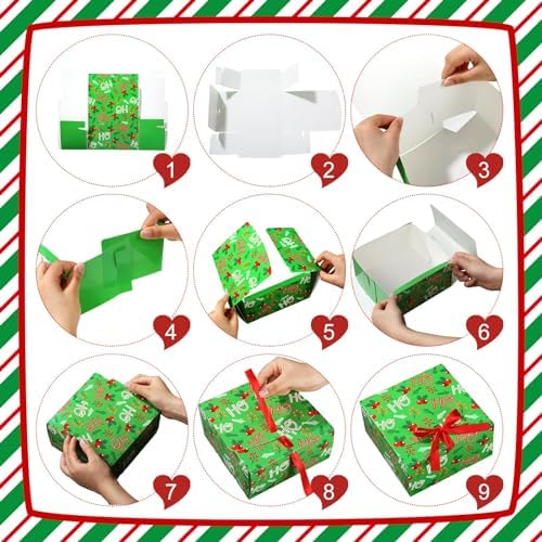 Blulu 12 Pack Christmas Gift Boxes with Lids Present Candy Cookie Boxes Christmas Gift Box with Ribbon Xmas Holiday Cupcakes Box for Pastries Donuts Treat Gifts Party Favors, 6.7 x 6.7 x 3.5 Inches