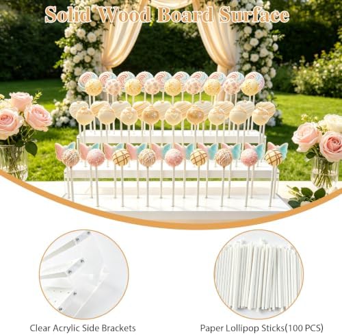 1Pcs Wood & Acrylic Cake Pop Stand Display, 3 Tier White Lollipop Holder with 100 Lollipop Sticks, 57 Holes Popsicle Display Rack for Birthday, Wedding, Baby Shower Party Table Decor