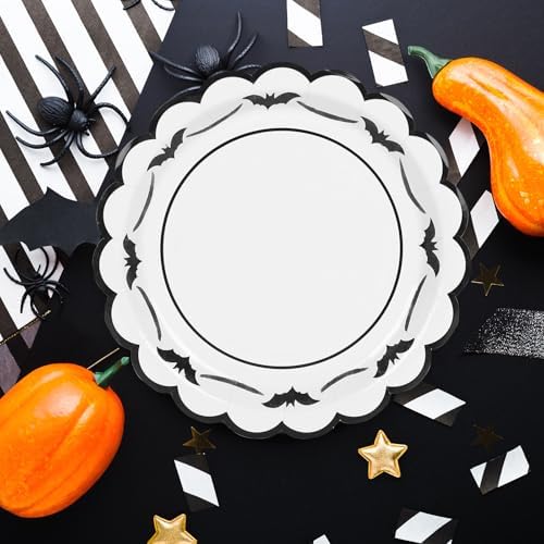 JarThenaAMCS 50 Pcs Halloween Paper Plates Bat Scalloped Disposable Plate Spooky Decorative Tableware for Holiday Party Decor Supplies, 9 In