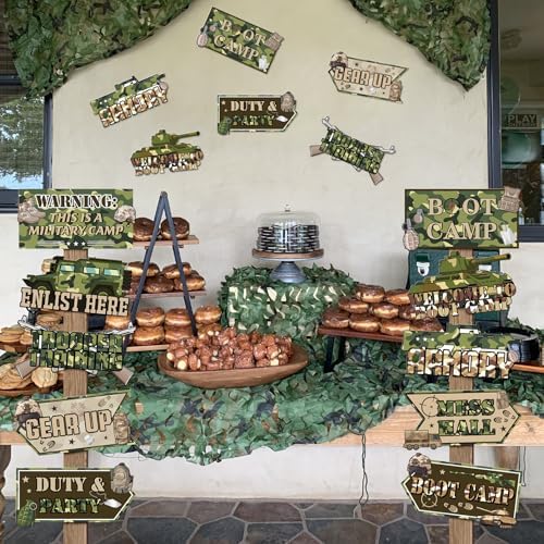 Hooqict 20 Pieces Army Party Sign Camouflage Military Birthday Party Decorations Directional Signs for Boys Men Camo Army Retirement Decorations Welcome to Boot Camp Party Supplies