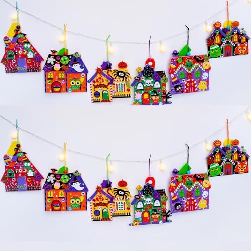 Winlyn 24 Sets Halloween Crafts Kits DIY Halloween House Ornaments Decorations Art Sets Monster Ghost Bat Foam Stickers Fall Arts and Crafts for Kids Classroom Activities Trick-or-Treat Party Favors