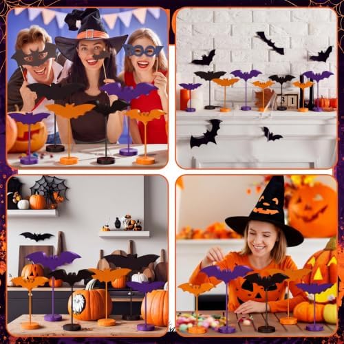Geetery 6 Pieces Halloween Table Decorations Wood Bat Decor, Purple Orange