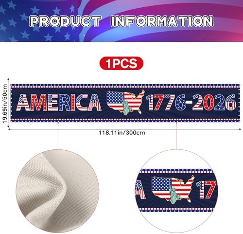 250th Anniversary America Banner Decorations, 1776-2026 USA 250th Birthday Yard Flag Party Supplies, 4th of July Patriotic Banner with Grommets for Home Outdoor Indoor Party Decor