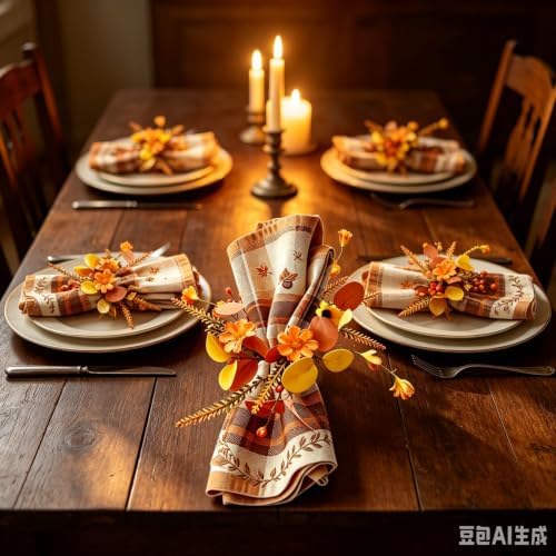 12 Pcs Fall Thanksgiving Napkin Rings Artificial Orange Yellow Flower Leaf Berry Fern Foliage Wreath Napkin Ring Holder Buckles for Autumn Harvest Wedding Birthday Family Dinner Party Table Supplies