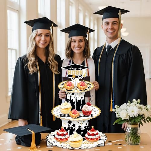 Graduation Decorations 2026 Graduation Cupcake Stand Cake Topper for 50 Cupcakes Class of 2026 Party Supplies Decor Grad Party Cap Tower Topper Table Decorations for Law Master High School Black Gold