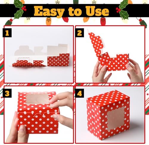 48 Pcs Christmas Bakery Boxes with Window, White Red 4x4x2.5 In