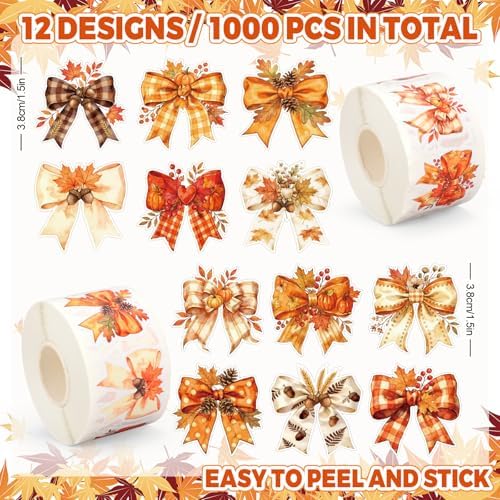 Whaline 1000 Pcs Fall Bow Stickers Roll Orange Pumpkin Plaid Leaves Bowknot Self-Adhesive Decals for Thanksgiving Autumn Scrapbook Journal Envelope Decor, 2 Rolls