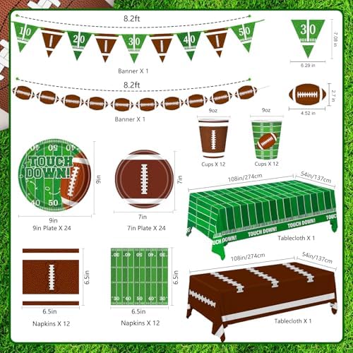 Football Party Decorations Football Party Supplies Kit Serve 24 Plates Napkins Cups Banner Tablecloth for Foot Ball Themed Birthday Gameday Decorations