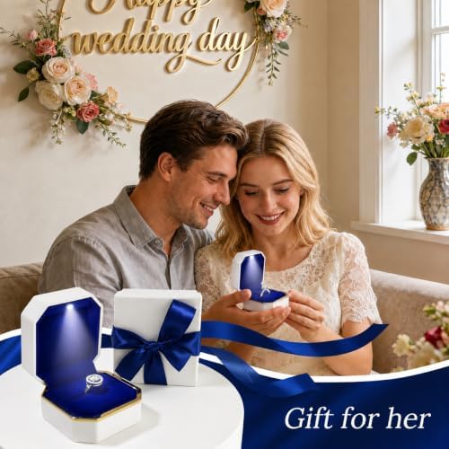 Luxury Velvet Engagement Ring Box with LED Light - Wedding Ring Box for Proposal, Jewelry Gift Box, Ring Case, Travel Engagement Gift for Wedding Day Anniversary