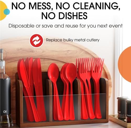 Party Solids Red Plastic Silverware 150 Pcs Red Cutlery Set