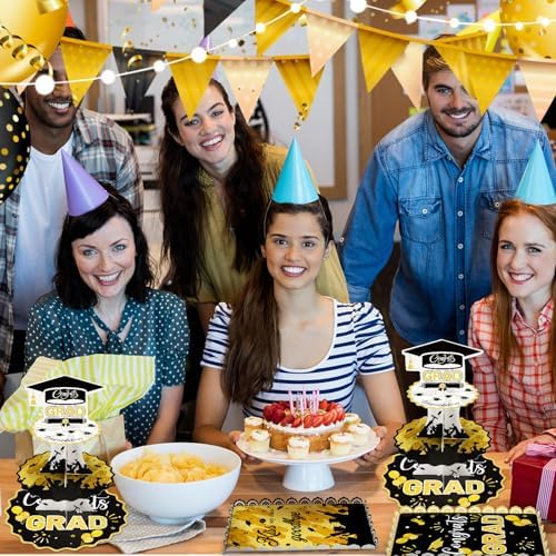 Yungyan 5 Set 2026 Graduation Cupcake Stand and Serving Platters Trays for 50 Cupcakes Black Gold 3 Tier Graduation Cap Cardboard Holder Tower Class of 2026 Congrats Grad Dessert Party Decor Supply
