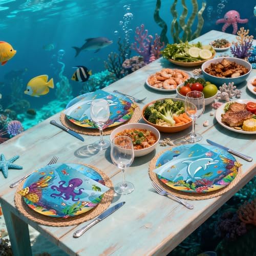 50Pcs Under the Sea Birthday Plates and Napkins Party Supplies, Disposable Ocean Theme Paper Plates Napkins Tableware Set for Sea Animal Party Decorations (Sea Animal)