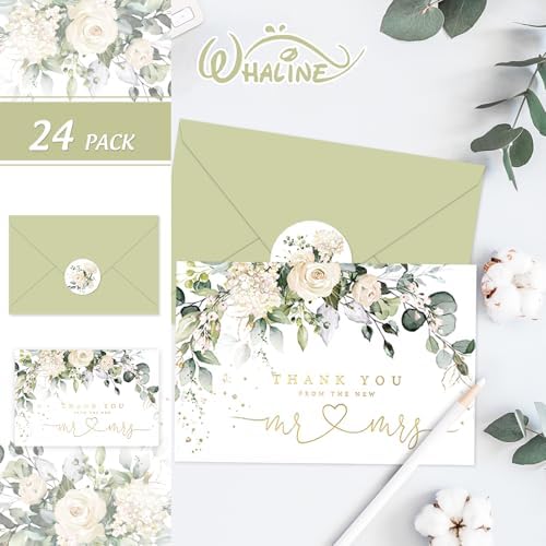 Whaline 24 Pack Wedding Thank You Cards Eucalyptus Leaves Greeting Card From the New Mr & Mrs Floral Blank Note Cards with Envelope Sticker for Bridal Shower