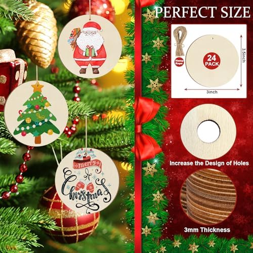 Sophena Wooden Christmas Tree Ornaments to Paint Thanksgiving Decoration Cutouts Unfinished 24PCS 3.5 x inches, DIY Blank Wood Discs Ornament for Home Crafts Hanging