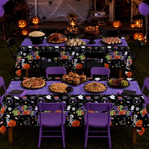 2 Pack Halloween Tablecloth, 54 x 108 Inch Disposable Plastic Table Cover, Purple Halloween Party Decorations for Halloween Decor Party Supplies