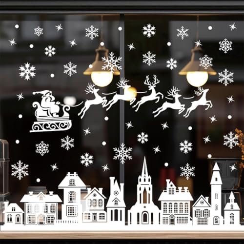 Christmas Window Clings White Silhouette Christmas Window Stickers, Reusable Static Santa Sleigh Reindeer Holiday Decals, Winter Wonderland Village Street Scene for Glass Windows Home Decor