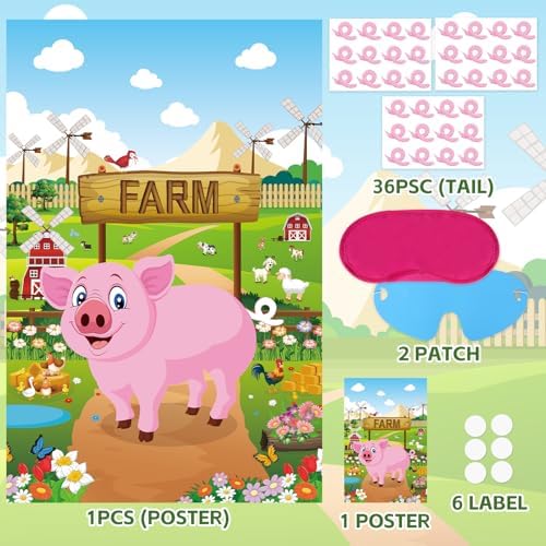 Hooqict Pin The Tail on The Pig Party Game Farm Birthday Party Games for Kids Farm Animal Party Decorations Pig Party Supplies, Large Pin The Tail Game Poster with 36 Tail Stickers