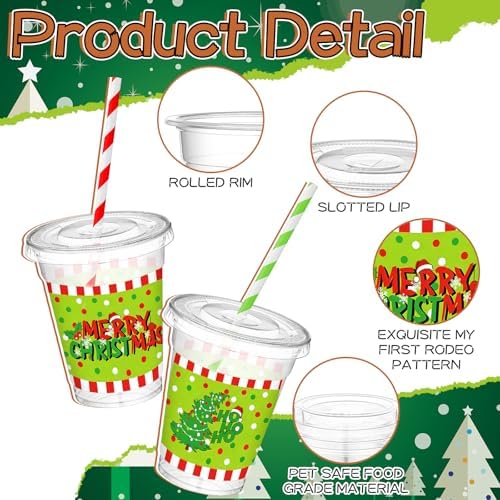 Jingmore 50 Pcs Merry Christmas Plastic Clear Cups with Lids and Straws
