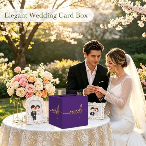 Purple Card Box with Gold Foil Design, Paperboard 8.7" Gift Card Holder for Wedding Graduation Birthday Party Reception Retirement Anniversary Bridal & Baby Shower