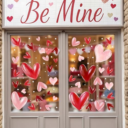JarThenaAMCS Extra Large Valentine's Day Window Clings Window Stickers Pink Red Heart White Dot Double-Sided Glass Decals for Wedding Anniversary Party Wall Decor, 6 Sheets