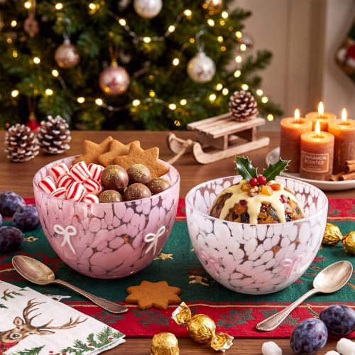 FoldTier Snack Bowl, 14oz Clear Glass Candy Dessert Bowls with Design, Serving Bowls for Gifts Party Favors Table Decoration Supplies (2 Pcs,Bow)